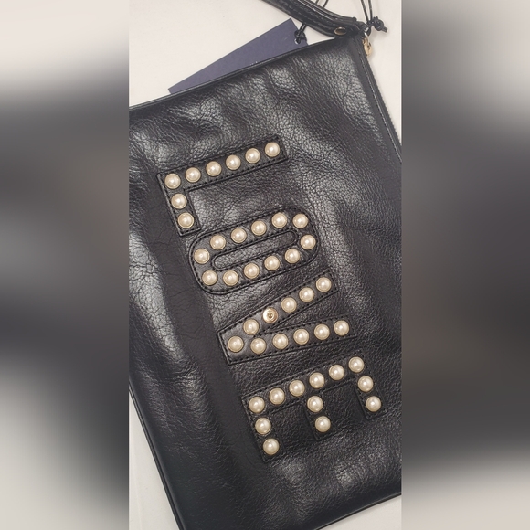 REBECCA MINKOFF-Clutch&Wristlet"LOVE"  leather black and pearls studs Bag - Picture 2 of 14